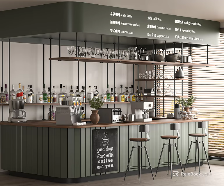 Green Café Interior With Wooden Bar Counter High Stools Hanging Plants And Glass Shelves With Bottles 3d model 