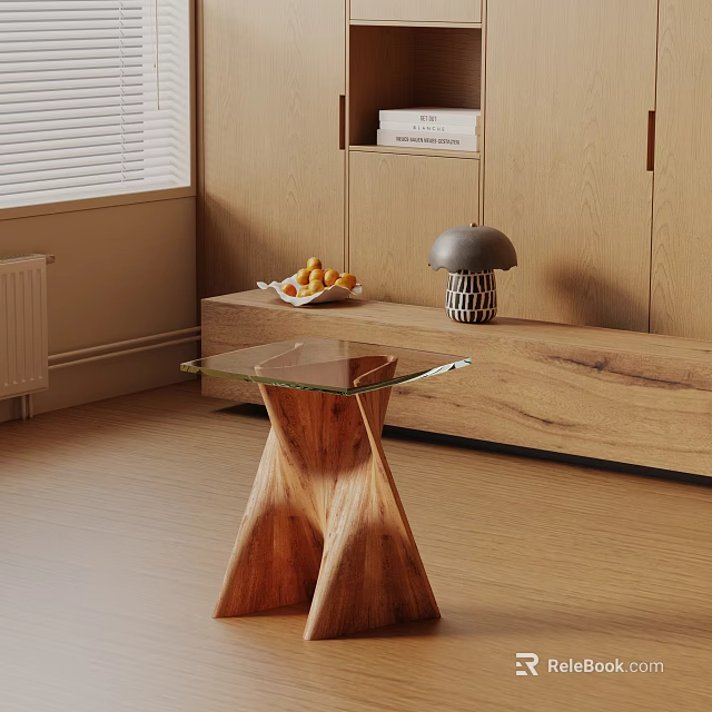 Modern Wooden Cross Base Glass Top Side Table In Contemporary Living Room 3d model 