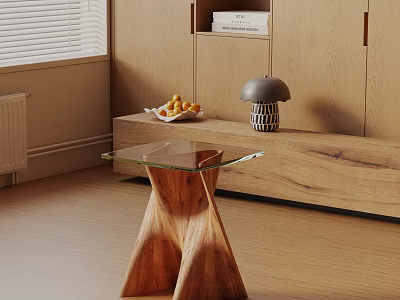 Modern Wooden Cross Base Glass Top Side Table In Contemporary Living Room 3d model