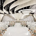 Luxury Banquet Hall Interior With Modern Design Crystal Chandeliers White Tables And Floral Arrangements