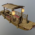 Traditional Wooden Boat With Bamboo Roof Hanging Lanterns And Red Cushioned Seats