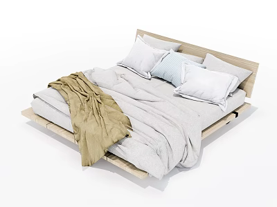 Modern Double Bed With Wooden Frame Gray Quilt Light Brown Blanket And Soft Pillows 3d model