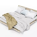 Modern Double Bed With Wooden Frame Gray Quilt Light Brown Blanket And Soft Pillows