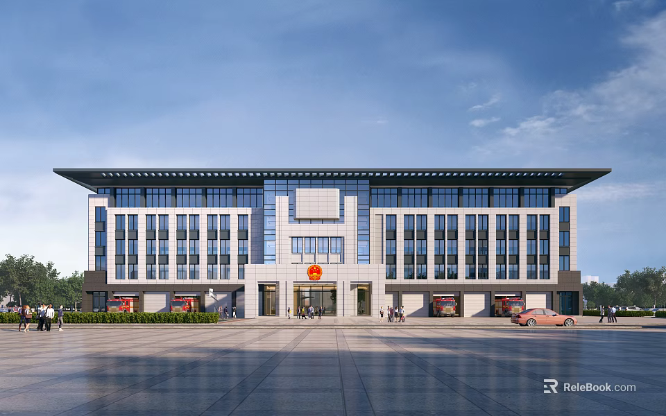 Modern Office Building Exterior With Glass Curtain Wall Symmetrical Design And Front Plaza Area 3d model 