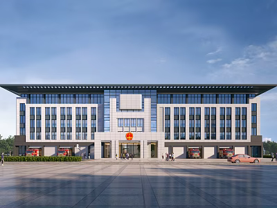 Modern Office Building Exterior With Glass Curtain Wall Symmetrical Design And Front Plaza Area 3d model