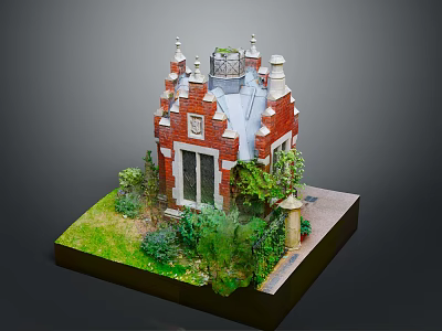 Cartoon Scene With Miniature Red Brick House Spires Green Plants And Garden Path 3d model