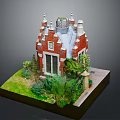 Cartoon Scene With Miniature Red Brick House Spires Green Plants And Garden Path