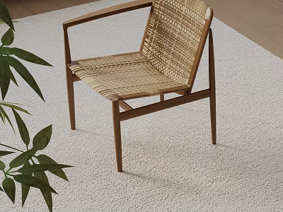 Modern Rattan Leisure Chair With Woven Seat Wooden Frame On Light Rug And Green Plant 3d model