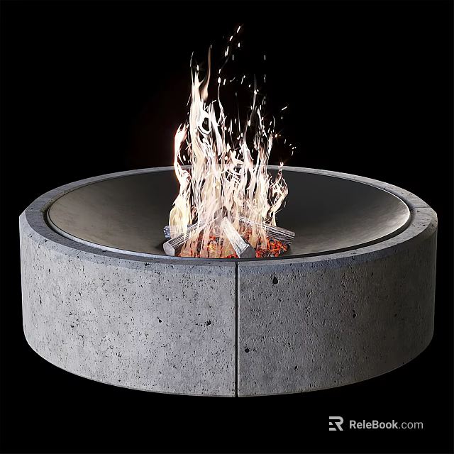 Modern Round Concrete Fire Pit With Burning Flames And Outdoor Design 3d model 