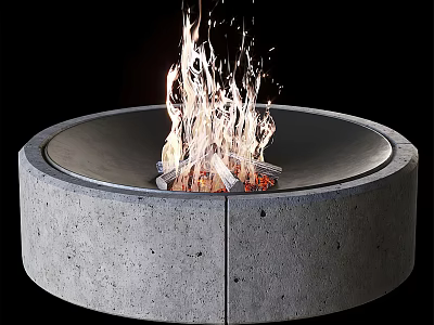 Modern Round Concrete Fire Pit With Burning Flames And Outdoor Design 3d model