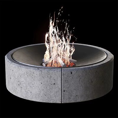Modern Round Concrete Fire Pit With Burning Flames And Outdoor Design 3d model