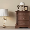 Traditional Wooden Nightstand Featuring Drawers Table Lamp Alarm Clock and Photo Frame