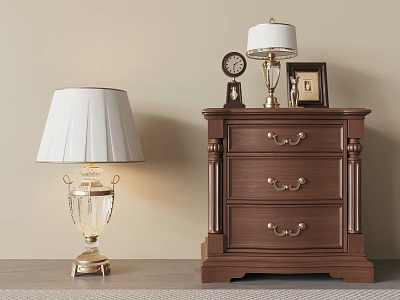 Traditional Wooden Nightstand Featuring Drawers Table Lamp Alarm Clock and Photo Frame 3d model