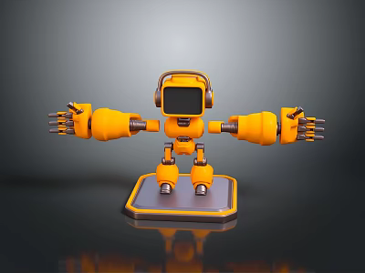 Yellow Mechanical Robot With Square Head And Clawed Arms On Gray Stand 3d model