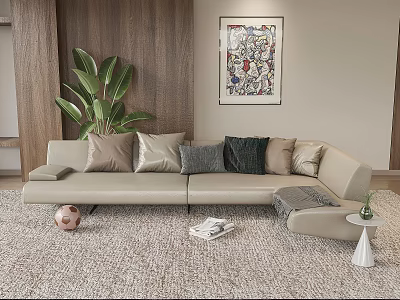 Light Beige Multi Seater Sofa With Decorative Cushions Large Green Plant And Colorful Abstract Painting 3d model