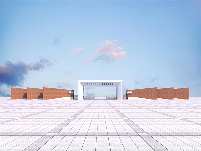 Modern Entrance Gate With Red Brick Walls And White Tiled Ground Under Blue Sky 3d model