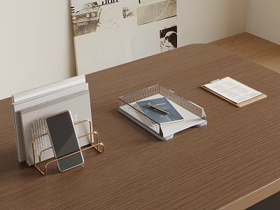 Desktop Organizer Rack with Gold Metal Phone Holder Tray and Office Supplies on Wooden Desk 3d model