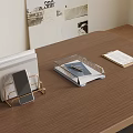 Desktop Organizer Rack with Gold Metal Phone Holder Tray and Office Supplies on Wooden Desk