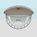 Modern Glass Canopy Structure At Building Entrance With Water Pool And Greenery