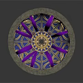 Intricate Circular Architectural Decoration with Purple Petal Patterns Gear Center and Gray Frame