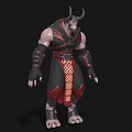 Horned Muscular Game Movie Character in Red Black Outfit with Ornamental Belt