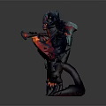Fierce Game And Movie Character With Horned Helmet Glowing Weapon Hands And Blue Red Armor