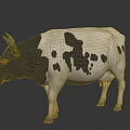Black and white spotted cow with horns standing on gray background in studio