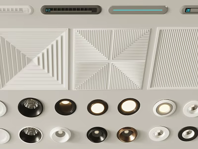 Modern Downlights and Spotlights with Various Colors and Ceiling Grid Panels 3d model