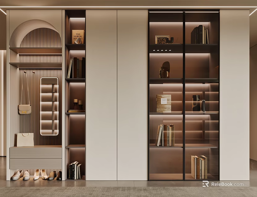 Modern Shoe Storage Cabinet With Glass Doors And Display Shelves For Books And Decorative Items 3d model 