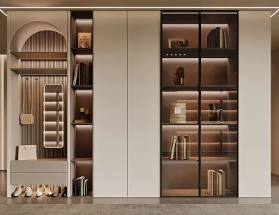 Modern Shoe Storage Cabinet With Glass Doors And Display Shelves For Books And Decorative Items 3d model