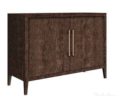 Modern Minimalist Dark Brown Wooden Console Cabinet With Gold Metal Handles And Two Door Design 3d model