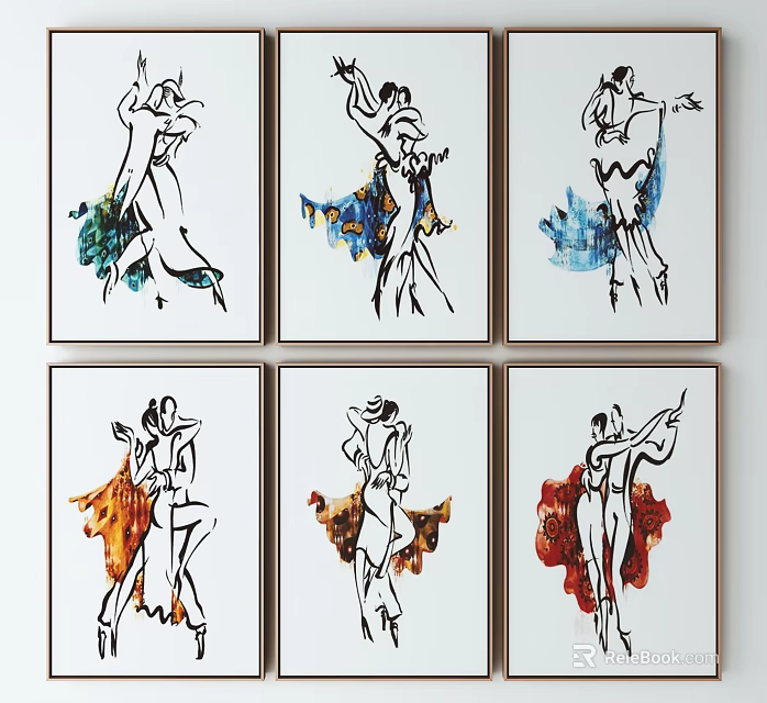 Six Framed Dancer Figure Paintings With Line Art Design And Colorful Background Splashes 3d model 