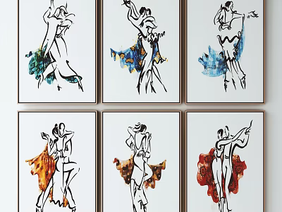 Six Framed Dancer Figure Paintings With Line Art Design And Colorful Background Splashes 3d model