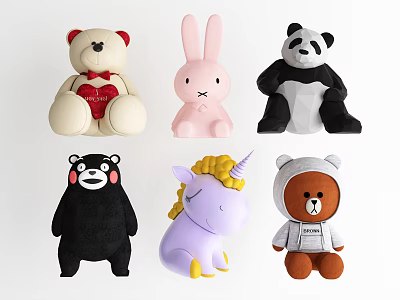 Plush Stuffed Dolls Collection Featuring Teddy Bear Rabbit Panda Black Bear Unicorn And Astronaut Design 3d model