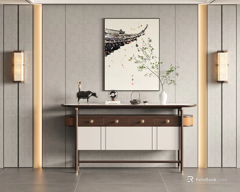 Interior Console Table with Traditional Hanging Painting Wall Lamps and Decorations 3d model 