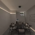 Minimalist Modern Interior With Round Dining Table Calligraphy Decor Recessed Lighting And Chairs