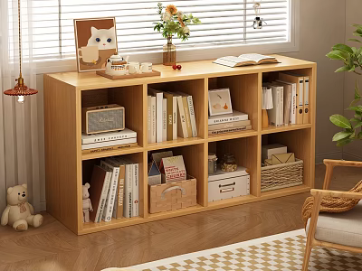 Light Wood Bookcase With Books Flower Vase Cat Decor And Storage Baskets 3d model