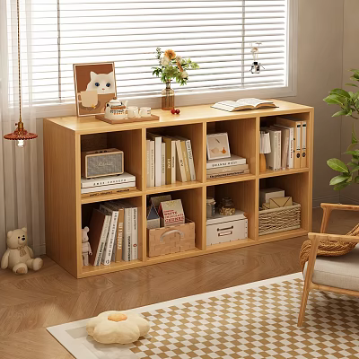 Light Wood Bookcase With Books Flower Vase Cat Decor And Storage Baskets 3d model