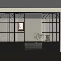 Modern Minimalist Interior Featuring Black Frame Sliding Doors With Patterned Glass Arched Design 3d model