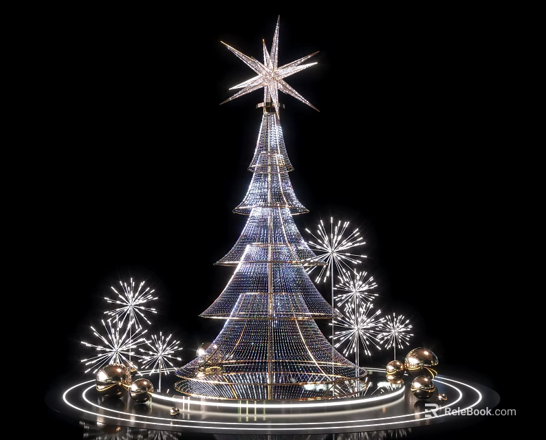 Illuminated Christmas Tree Art Installation With Star Top Snowflake Decorations And Golden Orbs 3d model 