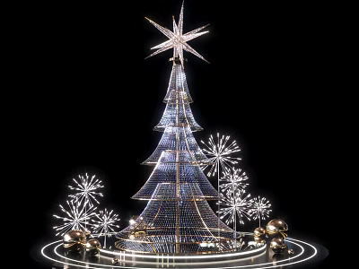 Illuminated Christmas Tree Art Installation With Star Top Snowflake Decorations And Golden Orbs 3d model