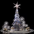 Illuminated Christmas Tree Art Installation With Star Top Snowflake Decorations And Golden Orbs