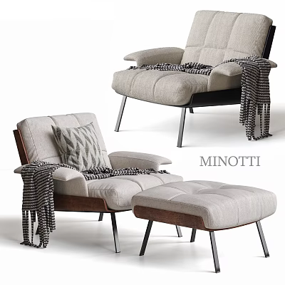 Modern Light Gray Fabric Leisure Chair With Metal Legs Wooden Armrests And Striped Blanket 3d model
