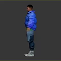 Character In Blue Puffy Jacket Green T-Shirt With Bear Graphic Jeans And Dark Background