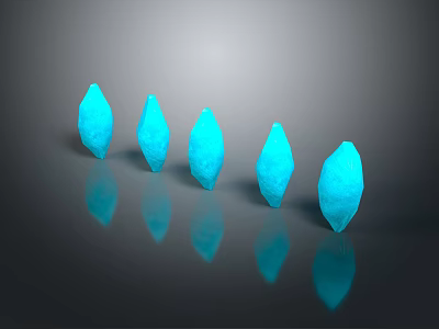 Blue Teardrop Shaped Decorative Ornament Set With Five Pieces Arranged On Gray Background And Reflections 3d model