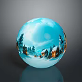 Snowy Winter Scene Glass Sphere With Cottages Trees And Blue Sky