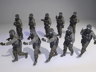 Game and Movie Military Soldier Characters With Helmets Goggles and Various Action Poses 3d model