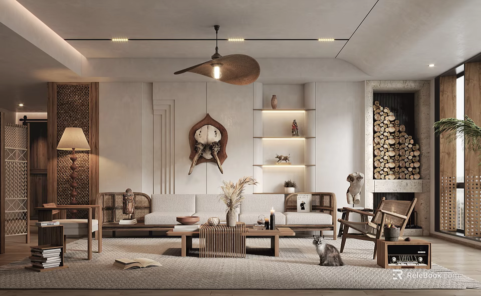 Modern Living Room Interior Design With Sofa Coffee Table Pendant Light And Wooden Shelves 3d model 