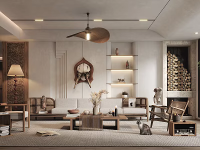 Modern Living Room Interior Design With Sofa Coffee Table Pendant Light And Wooden Shelves 3d model