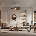 Modern Living Room Interior Design With Sofa Coffee Table Pendant Light And Wooden Shelves